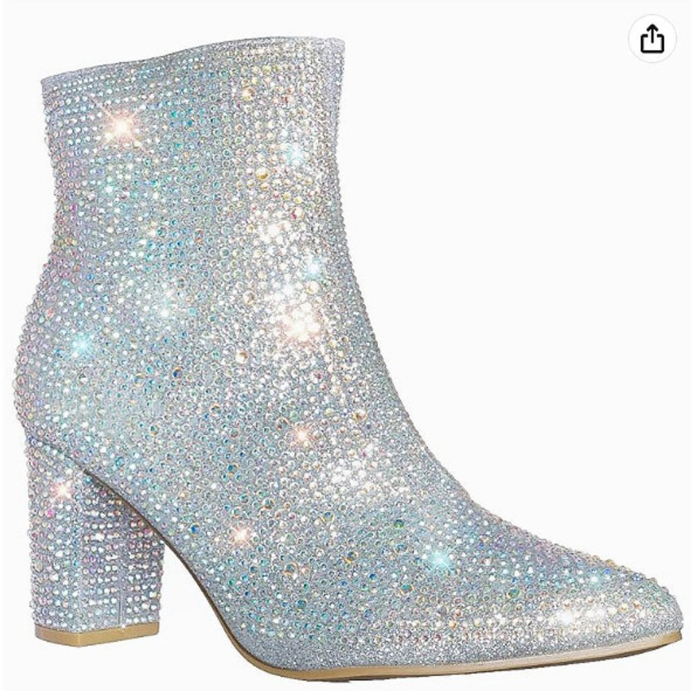 New Women Silver Rhinestone Blingy Pointed Toe Ankle Boots Booties - Picture 4 of 6